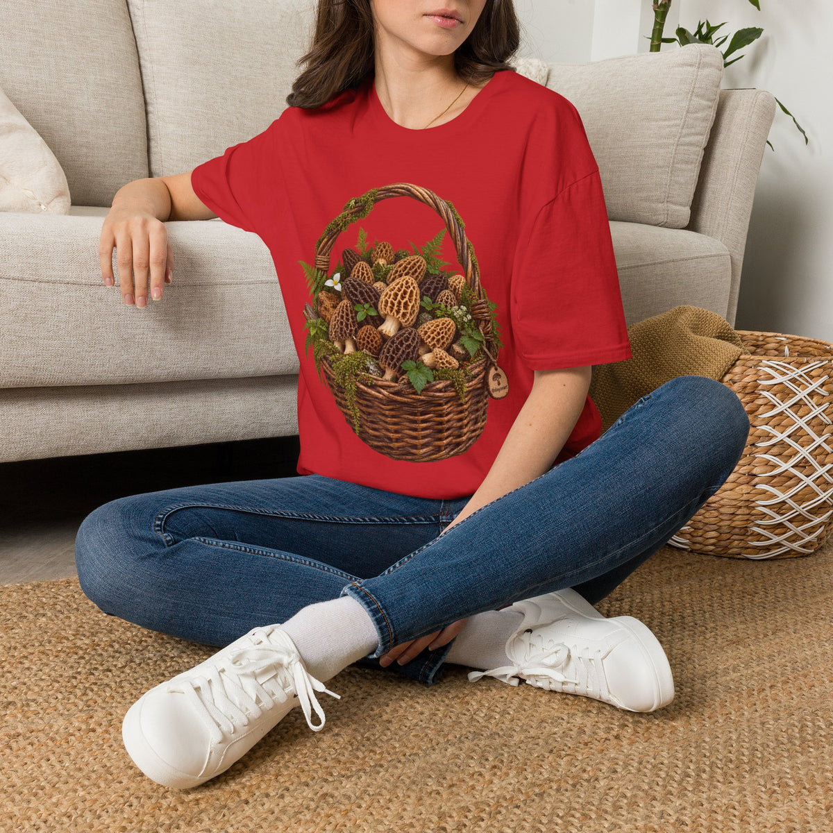 Morel Mushroom Basket T-Shirt Woodland Foraging Nature Graphic Tee Unisex Softstyle T-Shirt