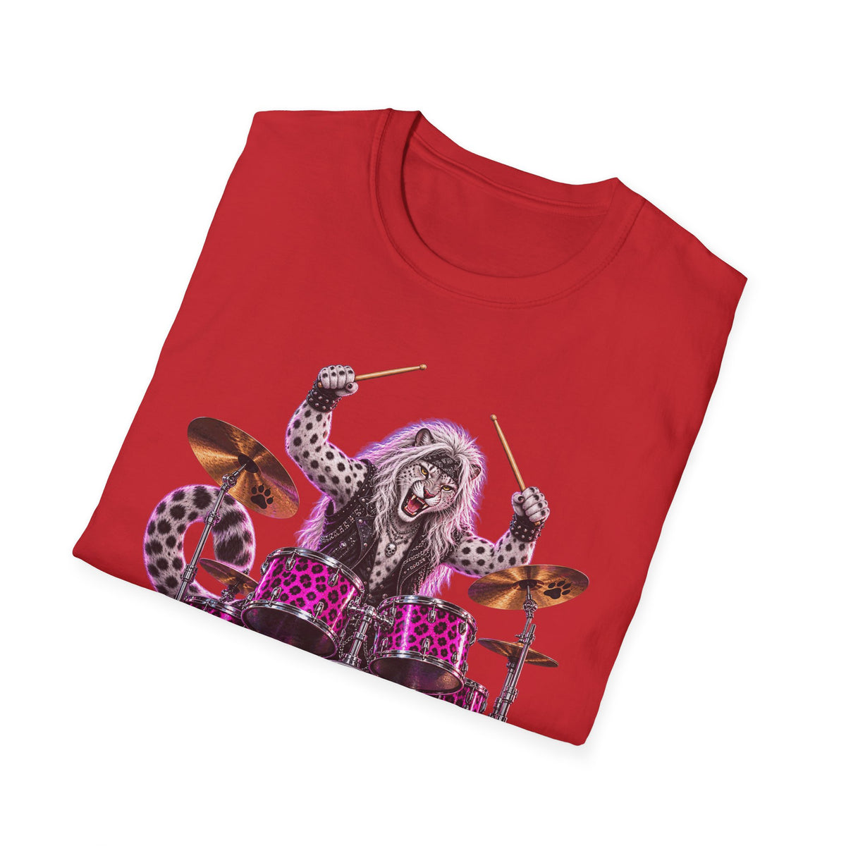 Drumming Snow Leopard T-Shirt — Cute Rock Band Animal Drum Kit Tee