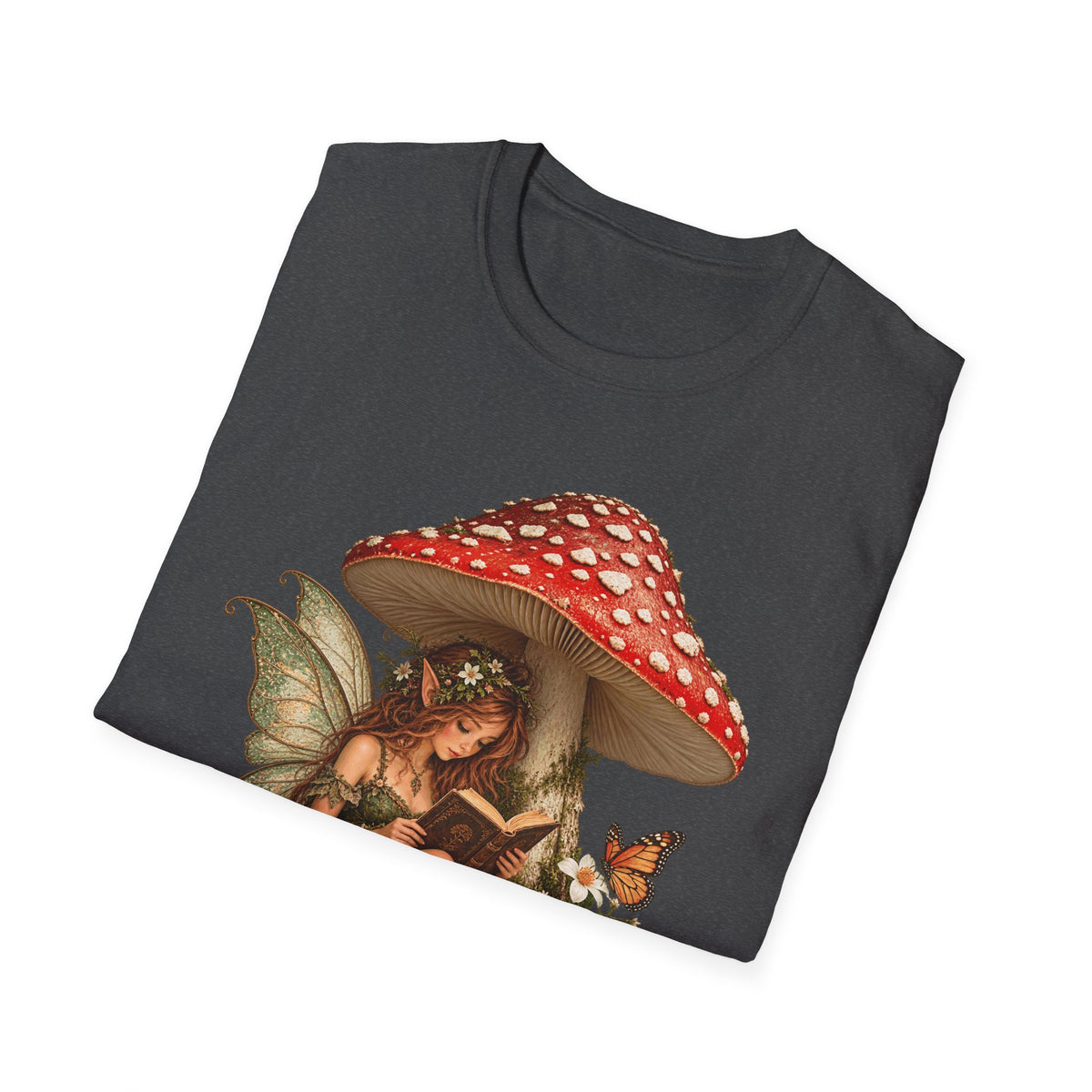 Fairy Mushroom T-Shirt — Woodland Fairy Reading Under Red Toadstool