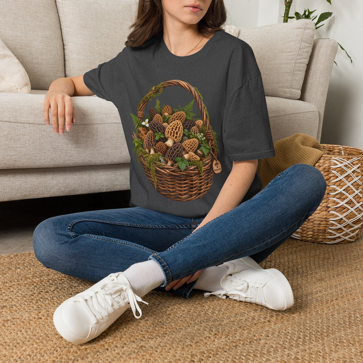Morel Mushroom Basket T-Shirt Woodland Foraging Nature Graphic Tee Unisex Softstyle T-Shirt