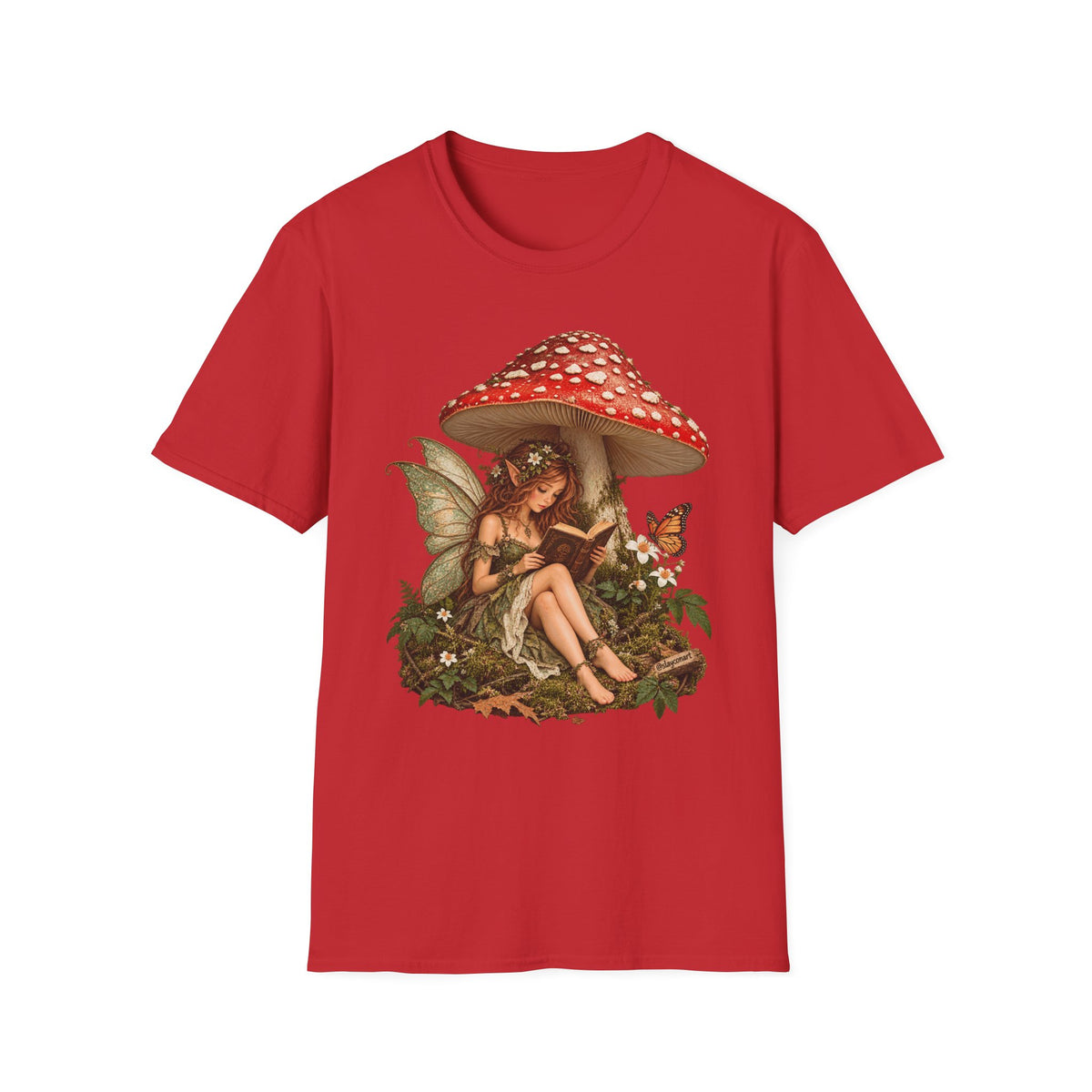 Fairy Mushroom T-Shirt — Woodland Fairy Reading Under Red Toadstool