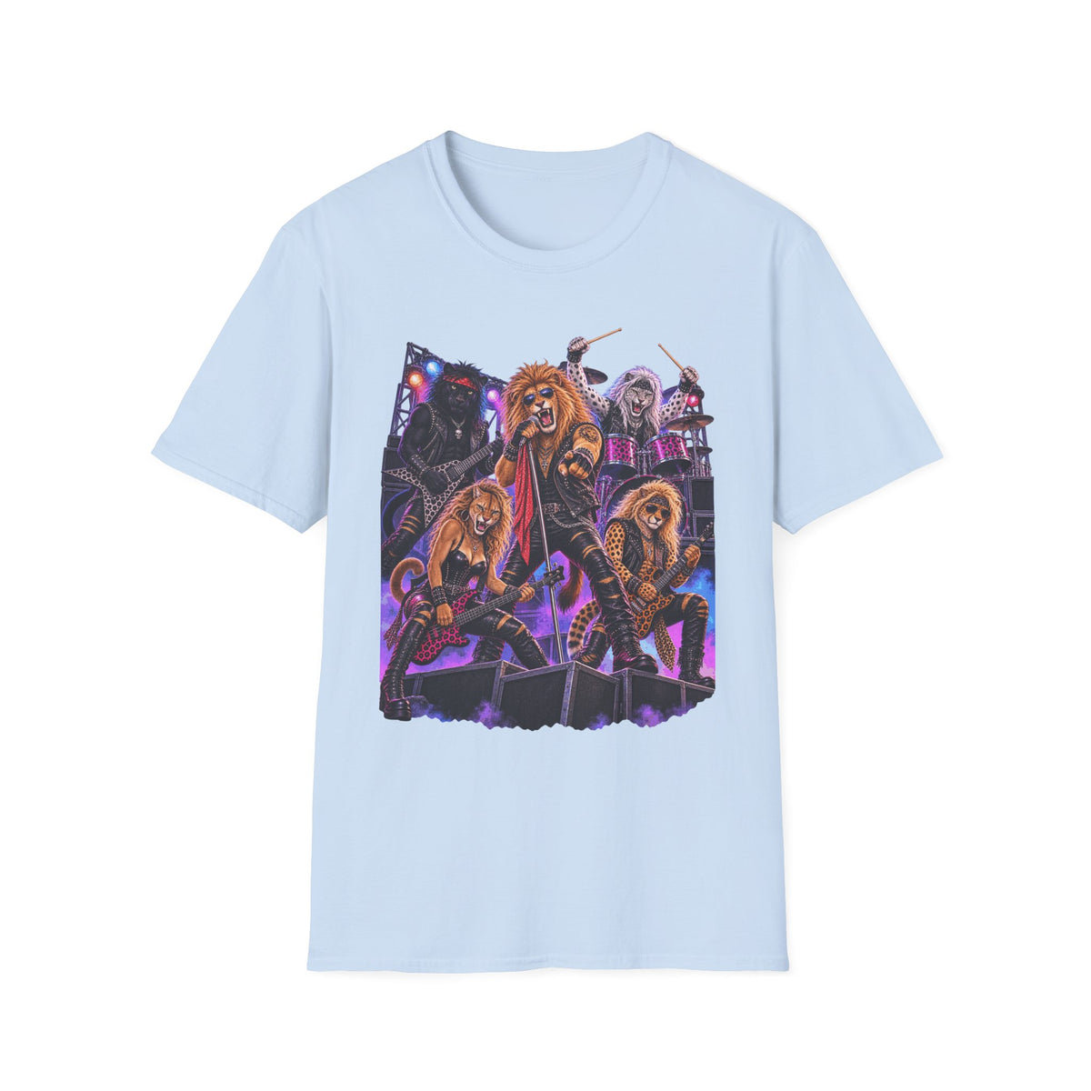 Neon Lights Retro 80s Big Cat Rock Band Graphic Tee