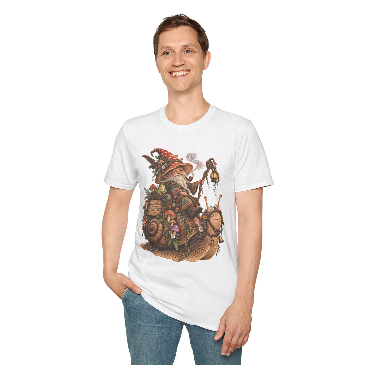 Mushroom Wizard Riding Snail T-Shirt  Whimsical Fantasy Illustration Tee