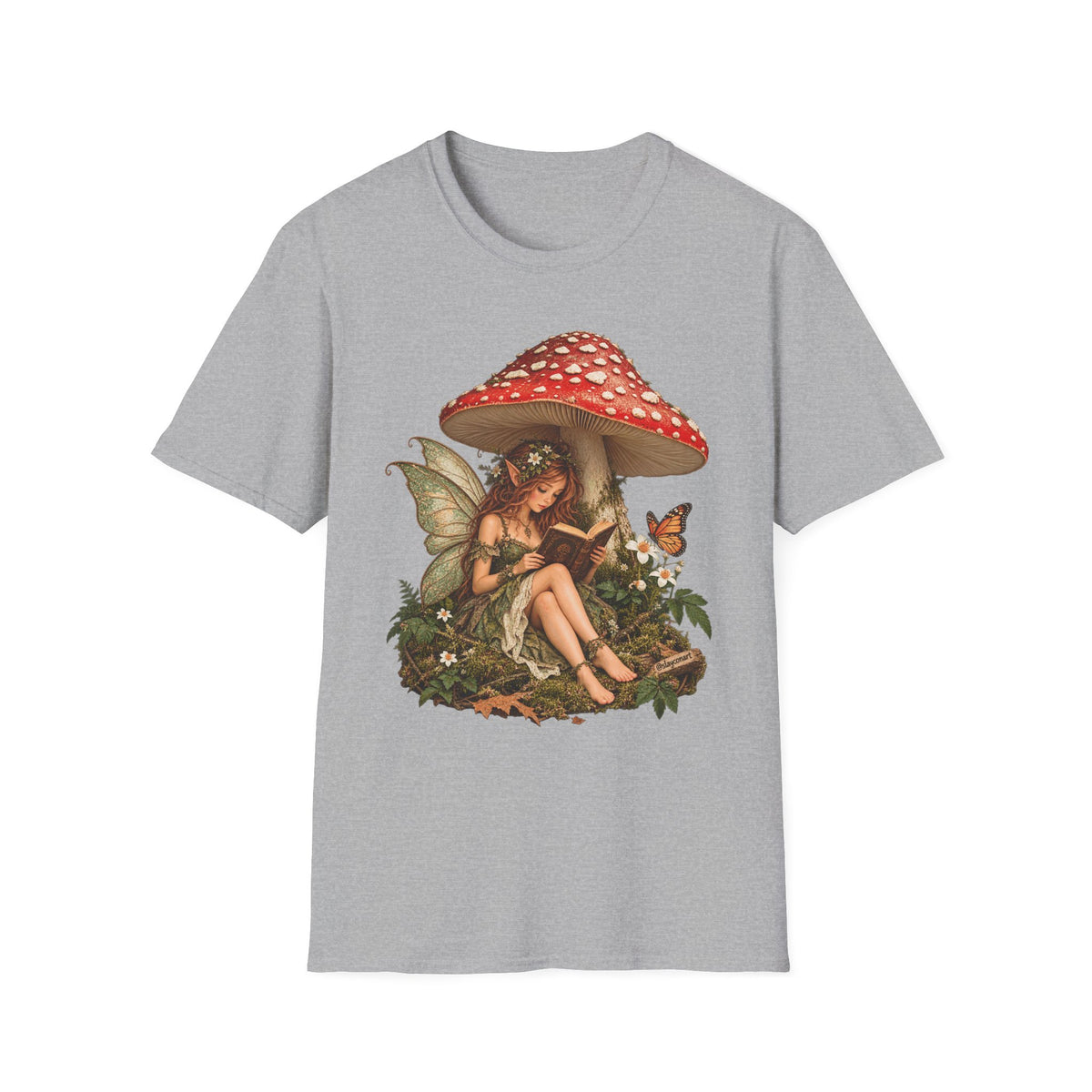 Fairy Mushroom T-Shirt — Woodland Fairy Reading Under Red Toadstool