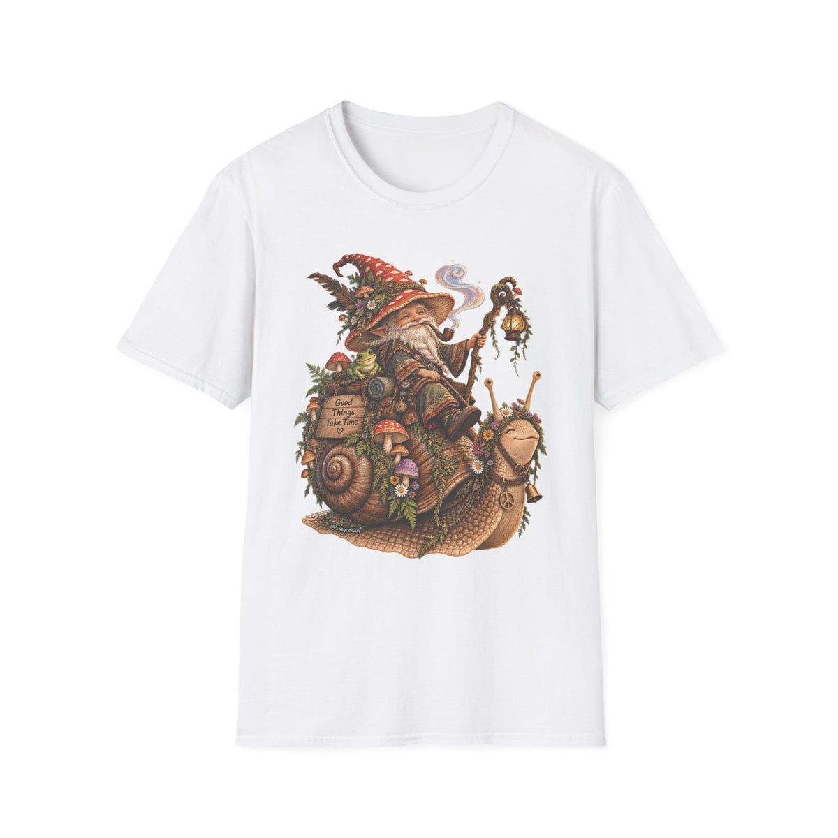 Mushroom Wizard Riding Snail T-Shirt  Whimsical Fantasy Illustration Tee