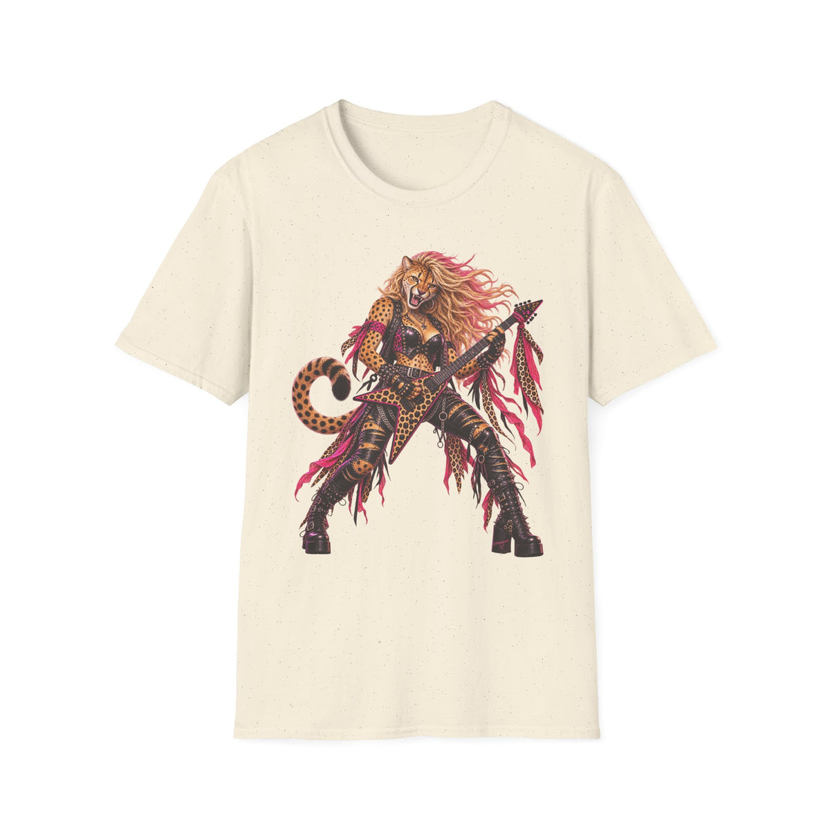Glam Metal Cheetah Guitarist T-Shirt — Retro 80s Rock Woman Graphic Tee