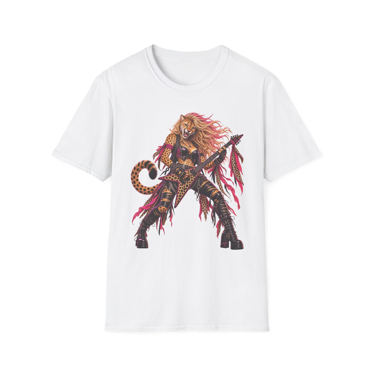 Glam Metal Cheetah Guitarist T-Shirt — Retro 80s Rock Woman Graphic Tee