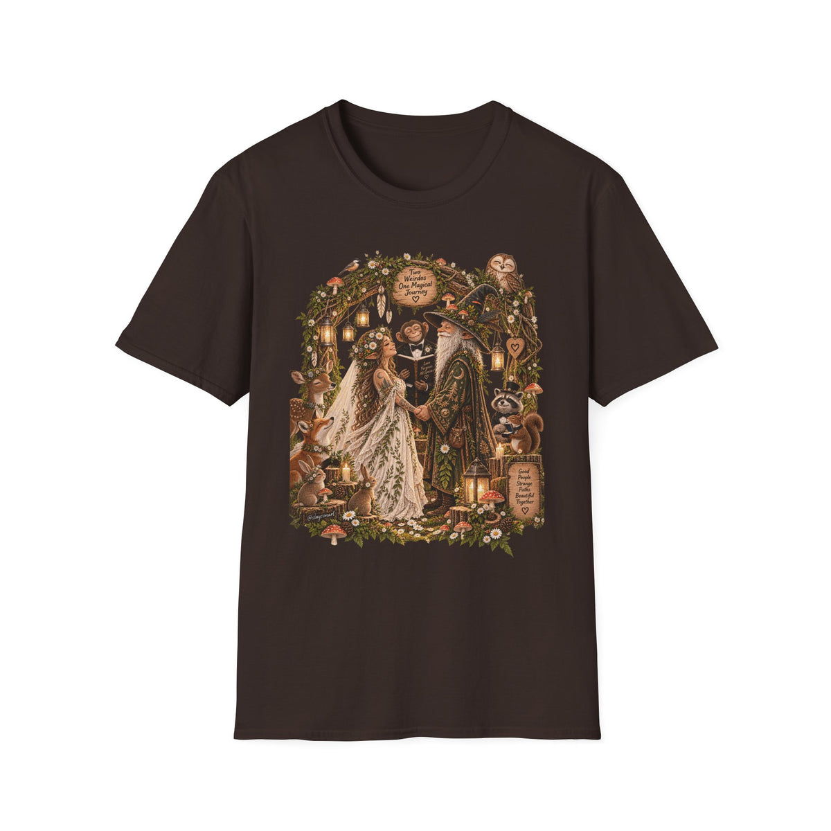 Woodland Wizard Wedding Fantasy T-Shirt — Fairy Tale Bride & Groom Illustration