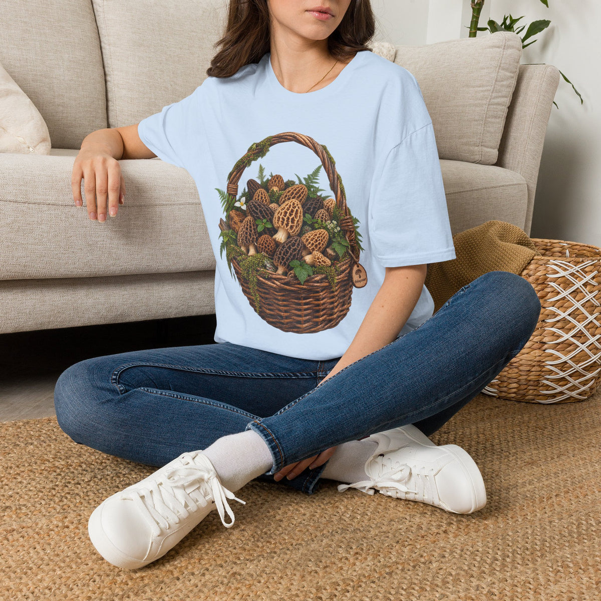 Morel Mushroom Basket T-Shirt Woodland Foraging Nature Graphic Tee Unisex Softstyle T-Shirt