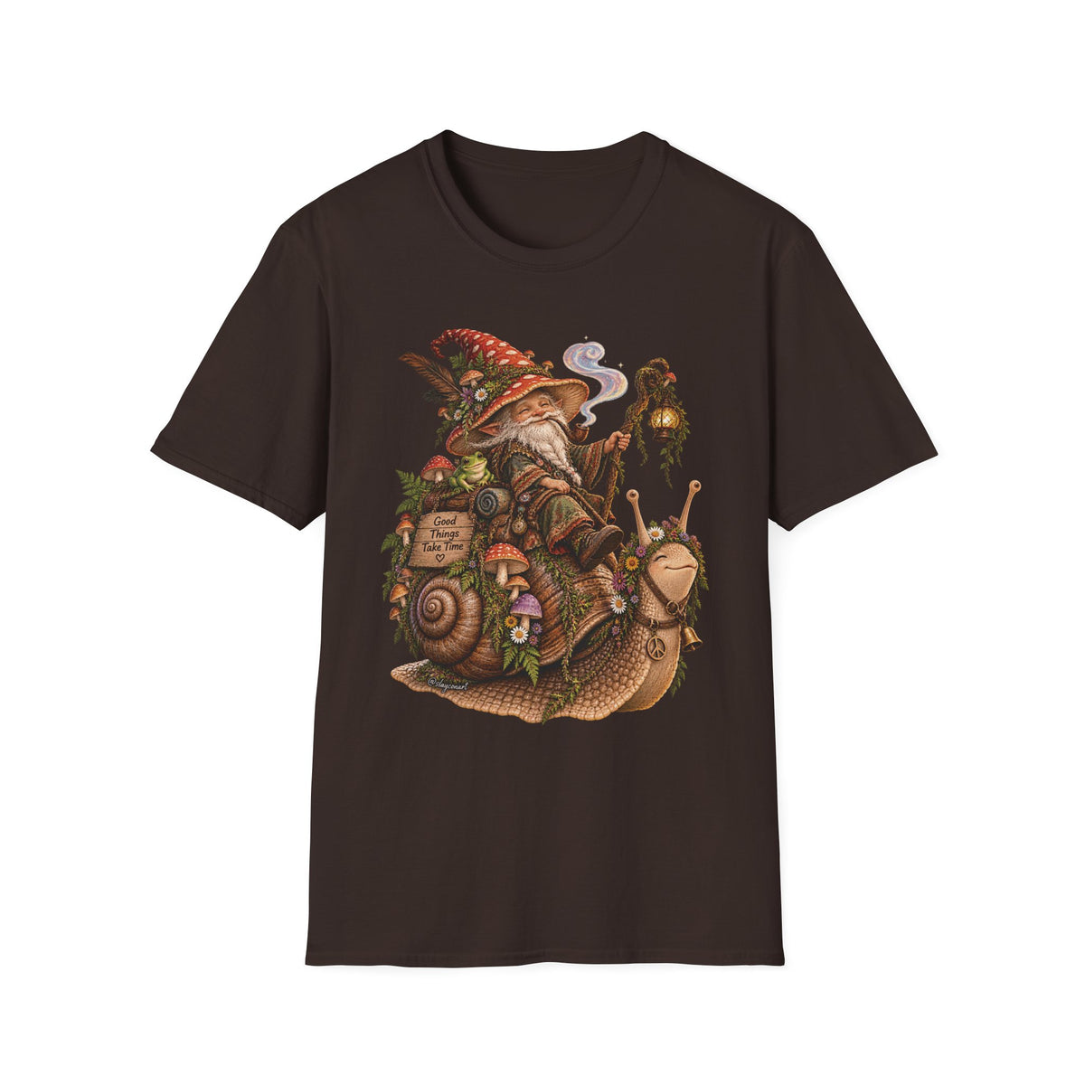Mushroom Wizard Riding Snail T-Shirt  Whimsical Fantasy Illustration Tee