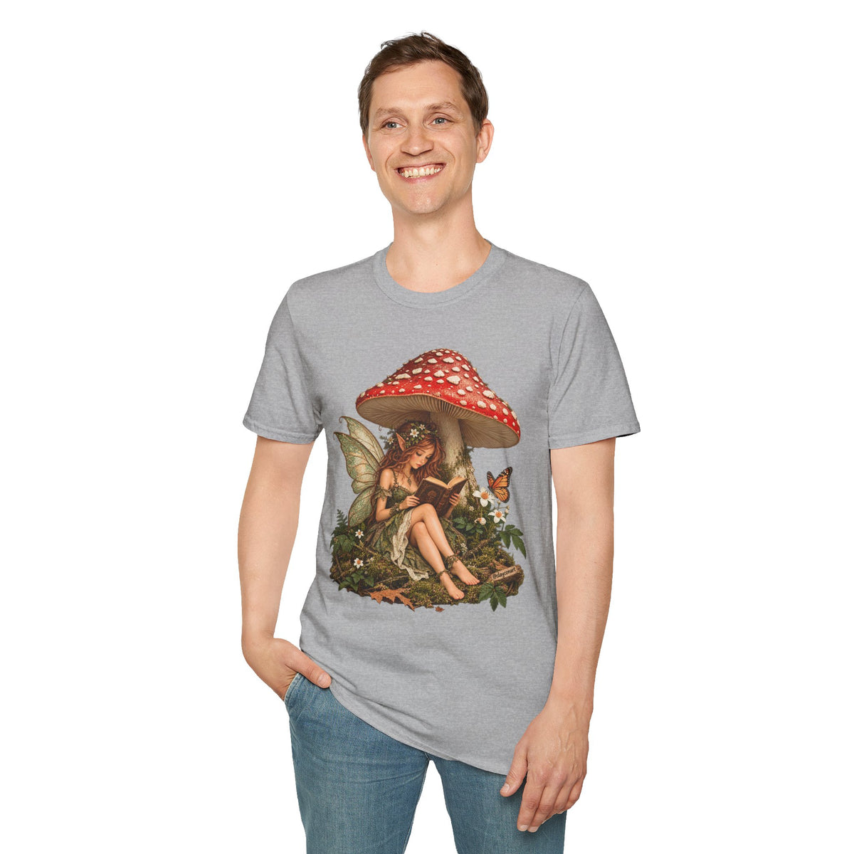 Fairy Mushroom T-Shirt — Woodland Fairy Reading Under Red Toadstool