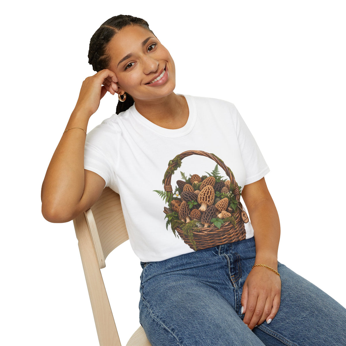Morel Mushroom Basket T-Shirt Woodland Foraging Nature Graphic Tee Unisex Softstyle T-Shirt