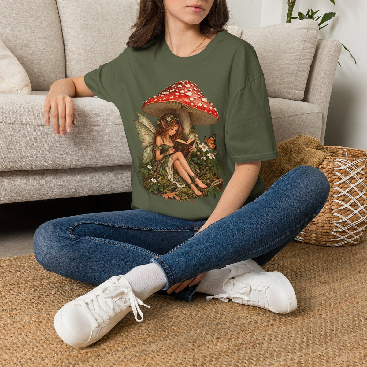 Fairy Mushroom T-Shirt — Woodland Fairy Reading Under Red Toadstool