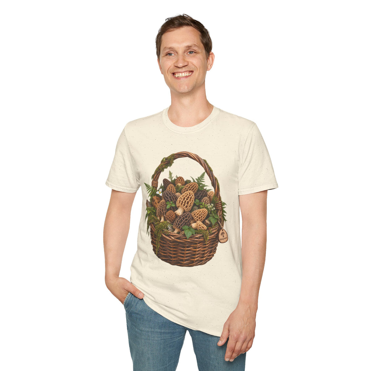 Morel Mushroom Basket T-Shirt Woodland Foraging Nature Graphic Tee Unisex Softstyle T-Shirt