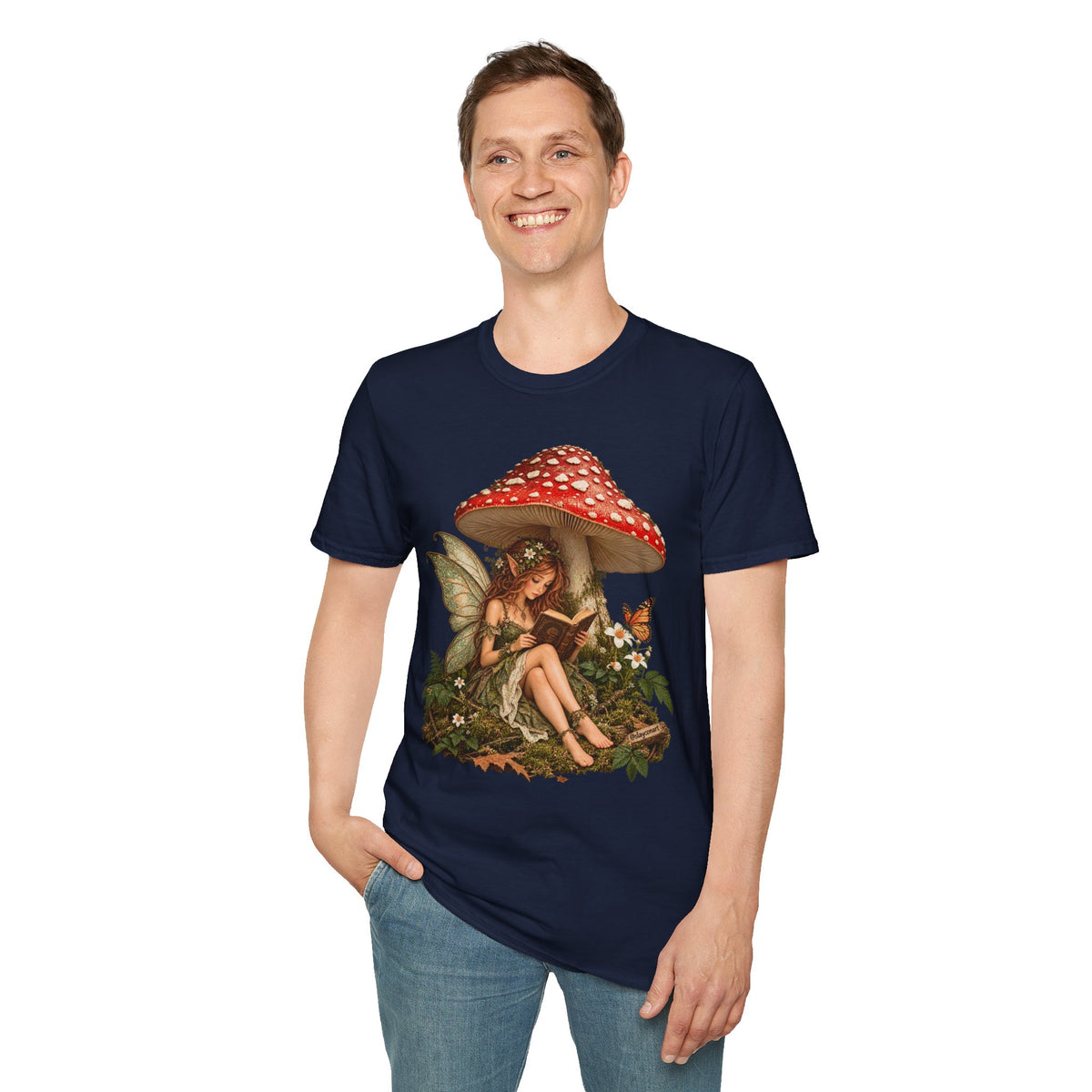 Fairy Mushroom T-Shirt — Woodland Fairy Reading Under Red Toadstool