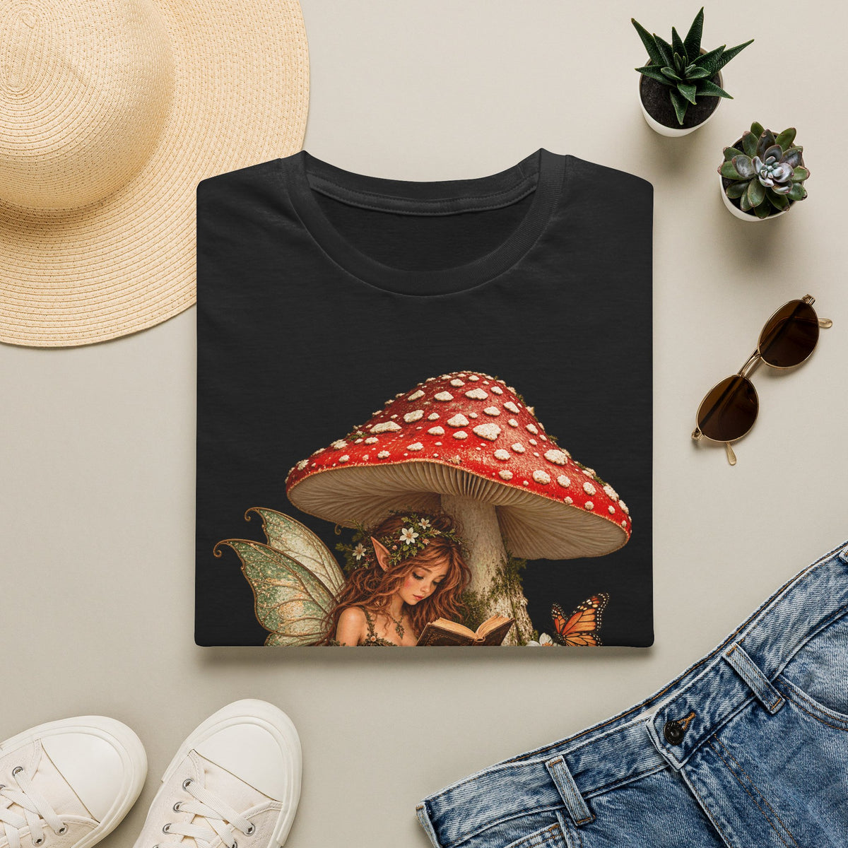 Fairy Mushroom T-Shirt — Woodland Fairy Reading Under Red Toadstool