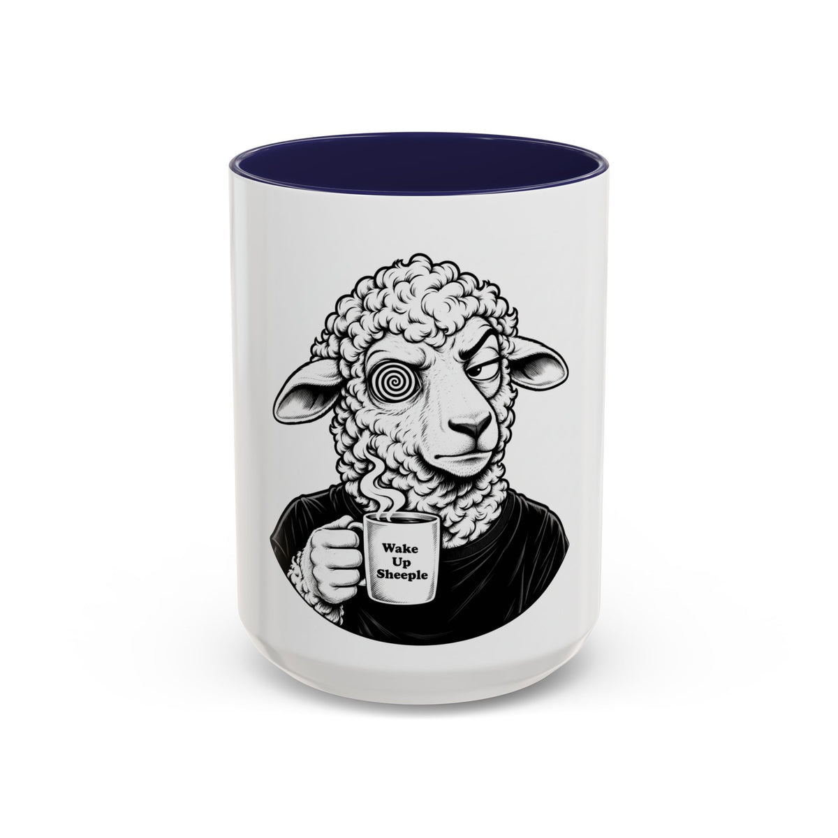 Wake Up Sheeple Coffee Mug — Black-Accent Ceramic Mug with Sheep Illustration