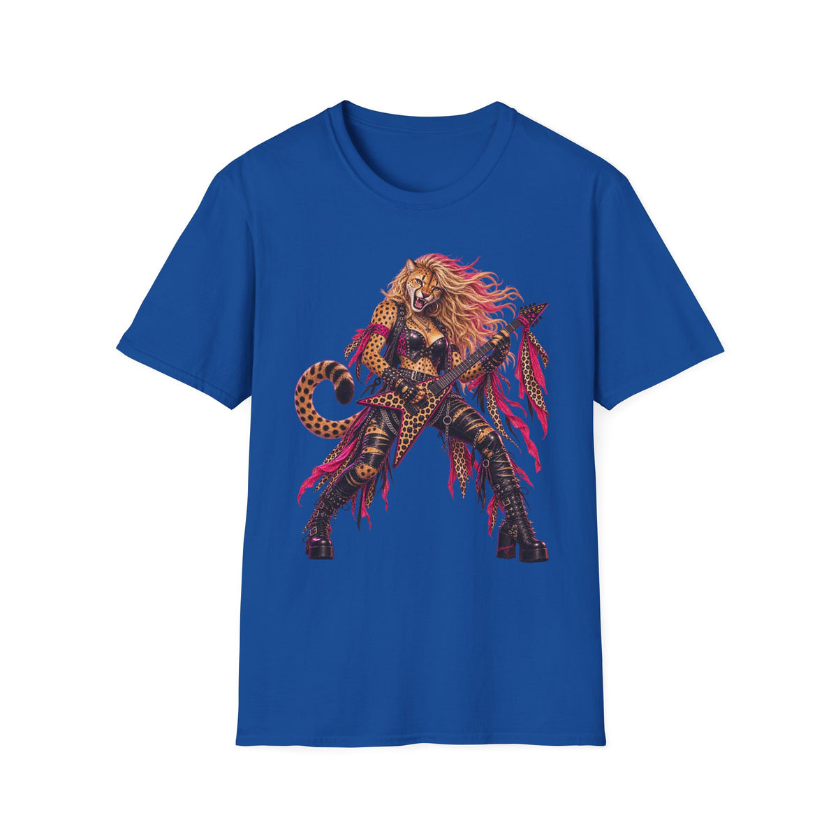 Glam Metal Cheetah Guitarist T-Shirt — Retro 80s Rock Woman Graphic Tee