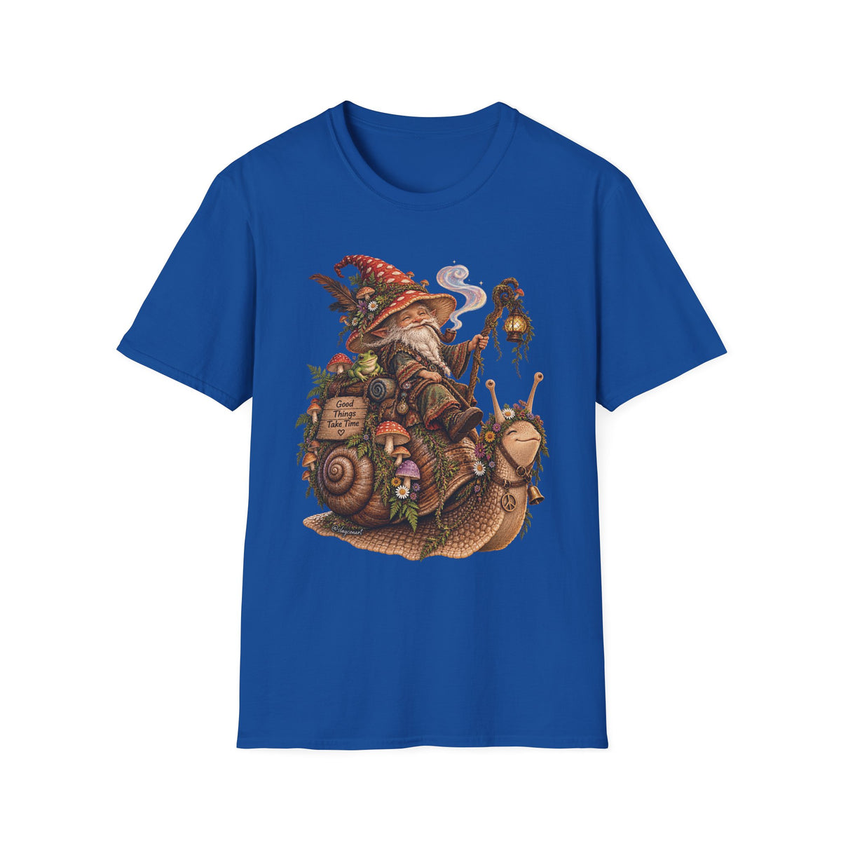 Mushroom Wizard Riding Snail T-Shirt  Whimsical Fantasy Illustration Tee