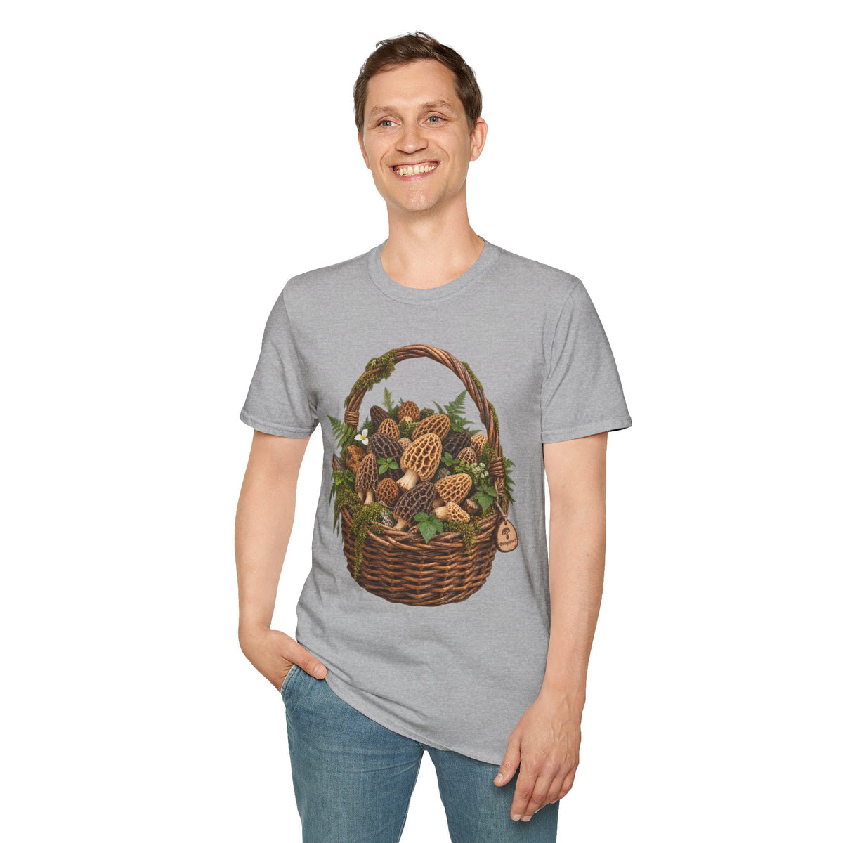 Morel Mushroom Basket T-Shirt Woodland Foraging Nature Graphic Tee Unisex Softstyle T-Shirt