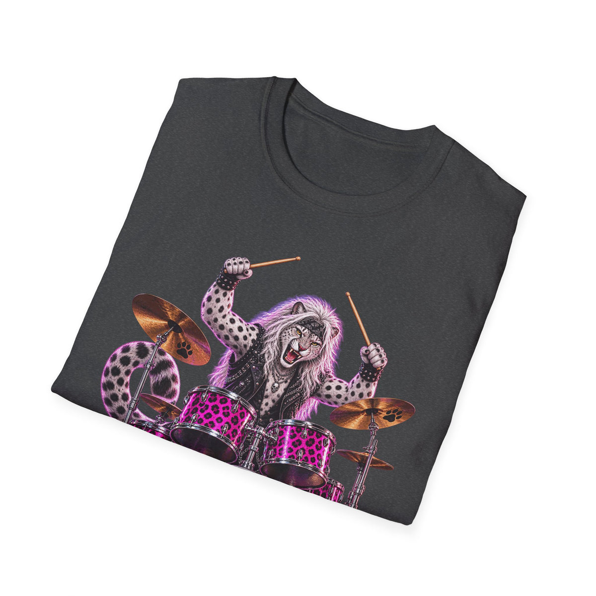 Drumming Snow Leopard T-Shirt — Cute Rock Band Animal Drum Kit Tee