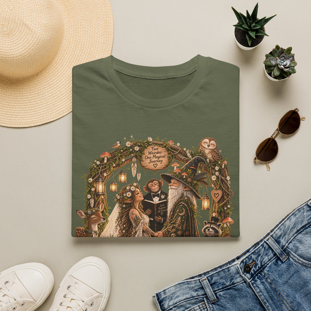 Woodland Wizard Wedding Fantasy T-Shirt — Fairy Tale Bride & Groom Illustration