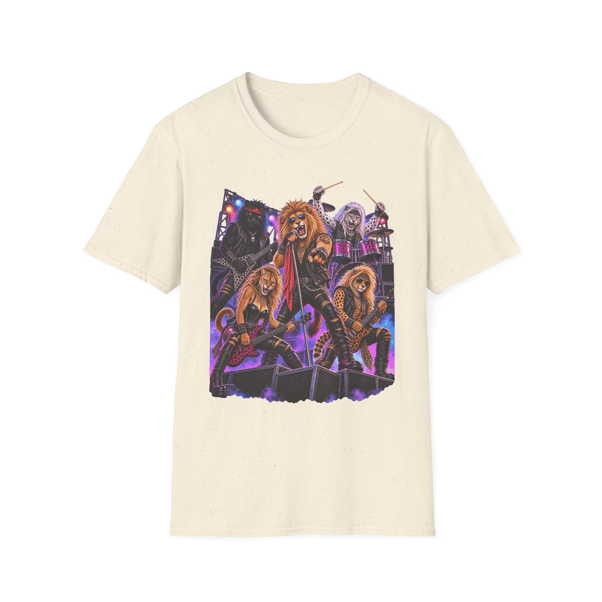 Neon Lights Retro 80s Big Cat Rock Band Graphic Tee
