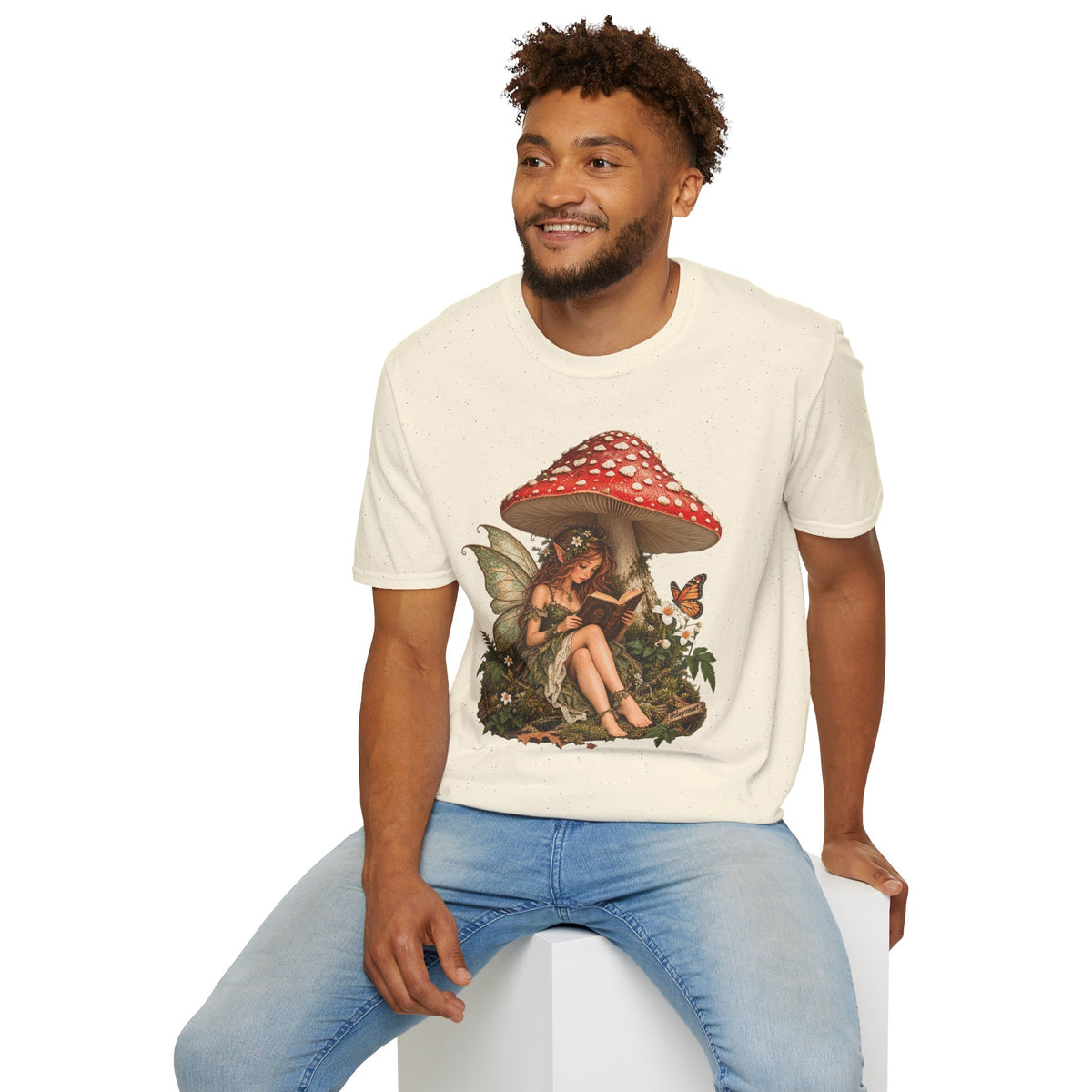 Fairy Mushroom T-Shirt — Woodland Fairy Reading Under Red Toadstool
