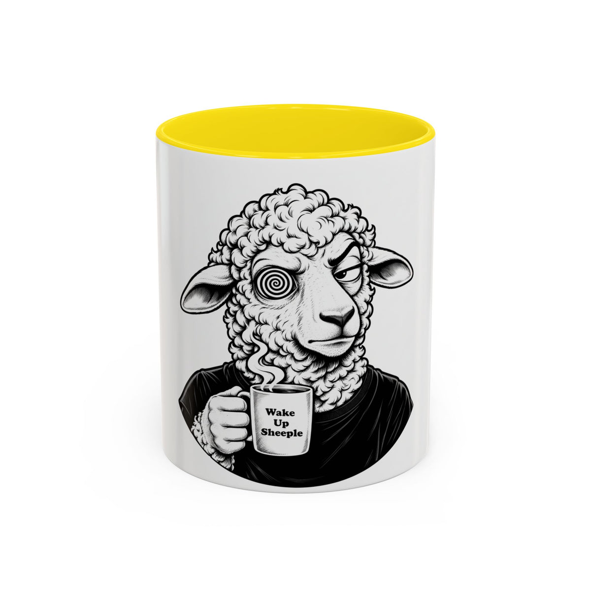 Wake Up Sheeple Coffee Mug — Black-Accent Ceramic Mug with Sheep Illustration