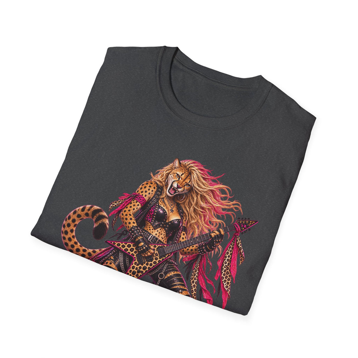 Glam Metal Cheetah Guitarist T-Shirt — Retro 80s Rock Woman Graphic Tee
