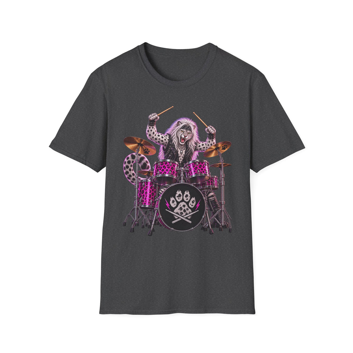 Drumming Snow Leopard T-Shirt — Cute Rock Band Animal Drum Kit Tee