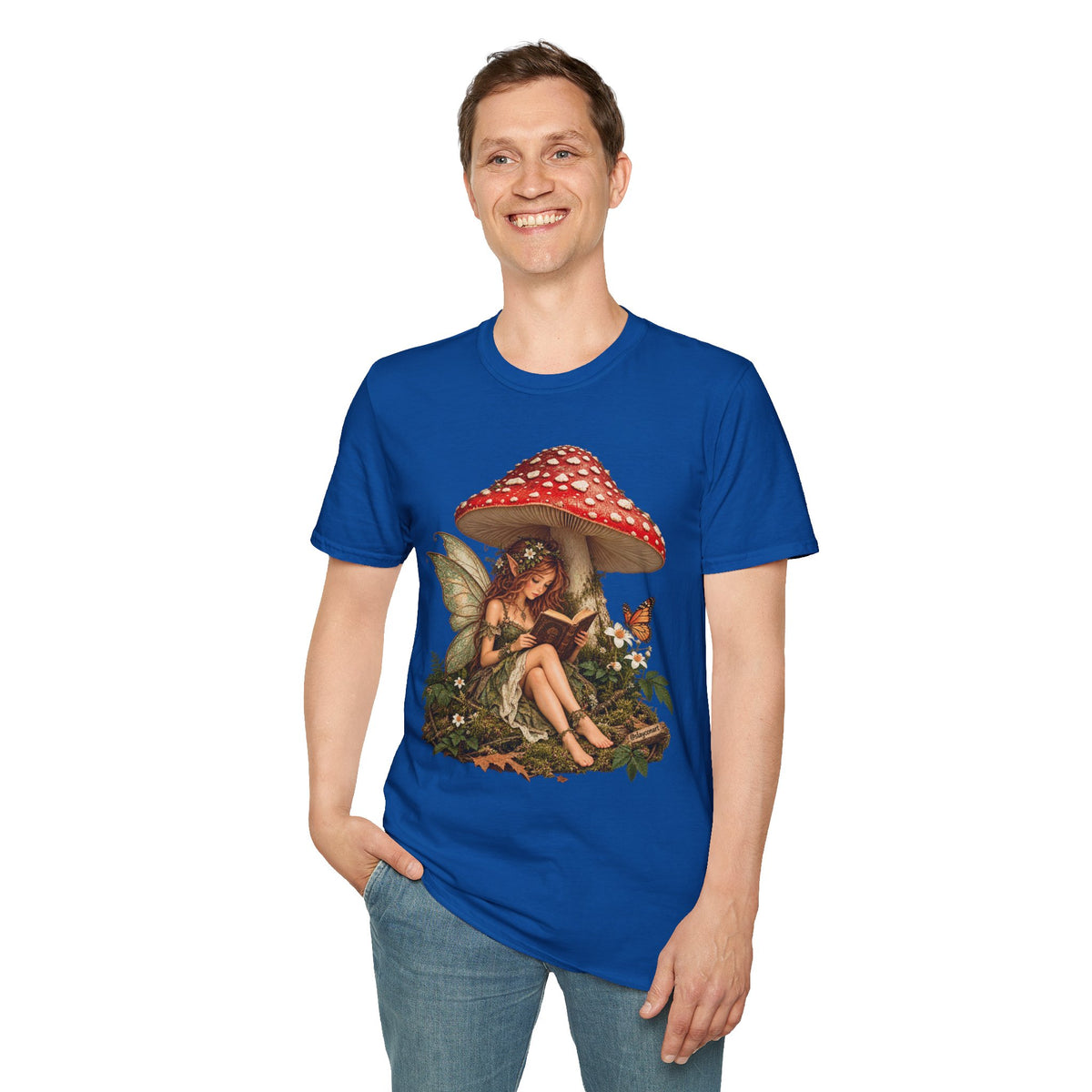 Fairy Mushroom T-Shirt — Woodland Fairy Reading Under Red Toadstool