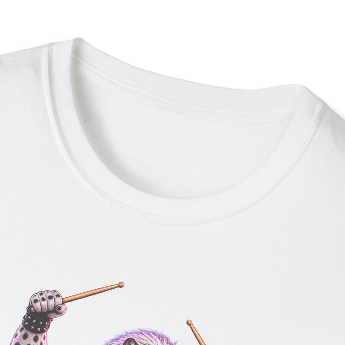 Drumming Snow Leopard T-Shirt — Cute Rock Band Animal Drum Kit Tee