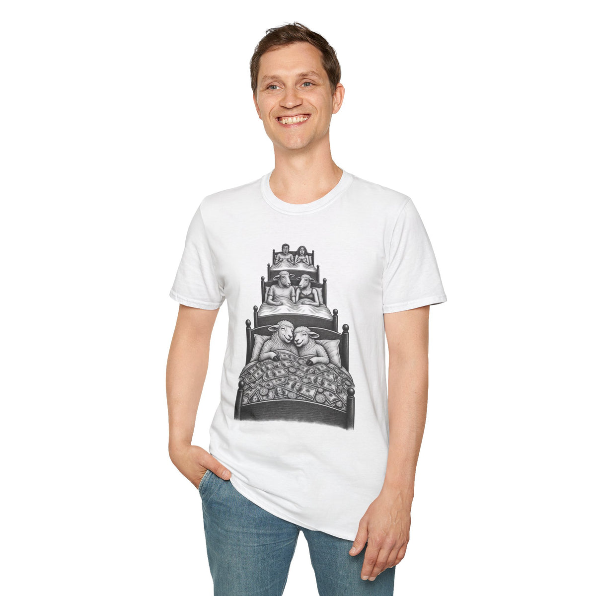 Waking up from the Love of Money Sheep Unisex Softstyle T-Shirt
