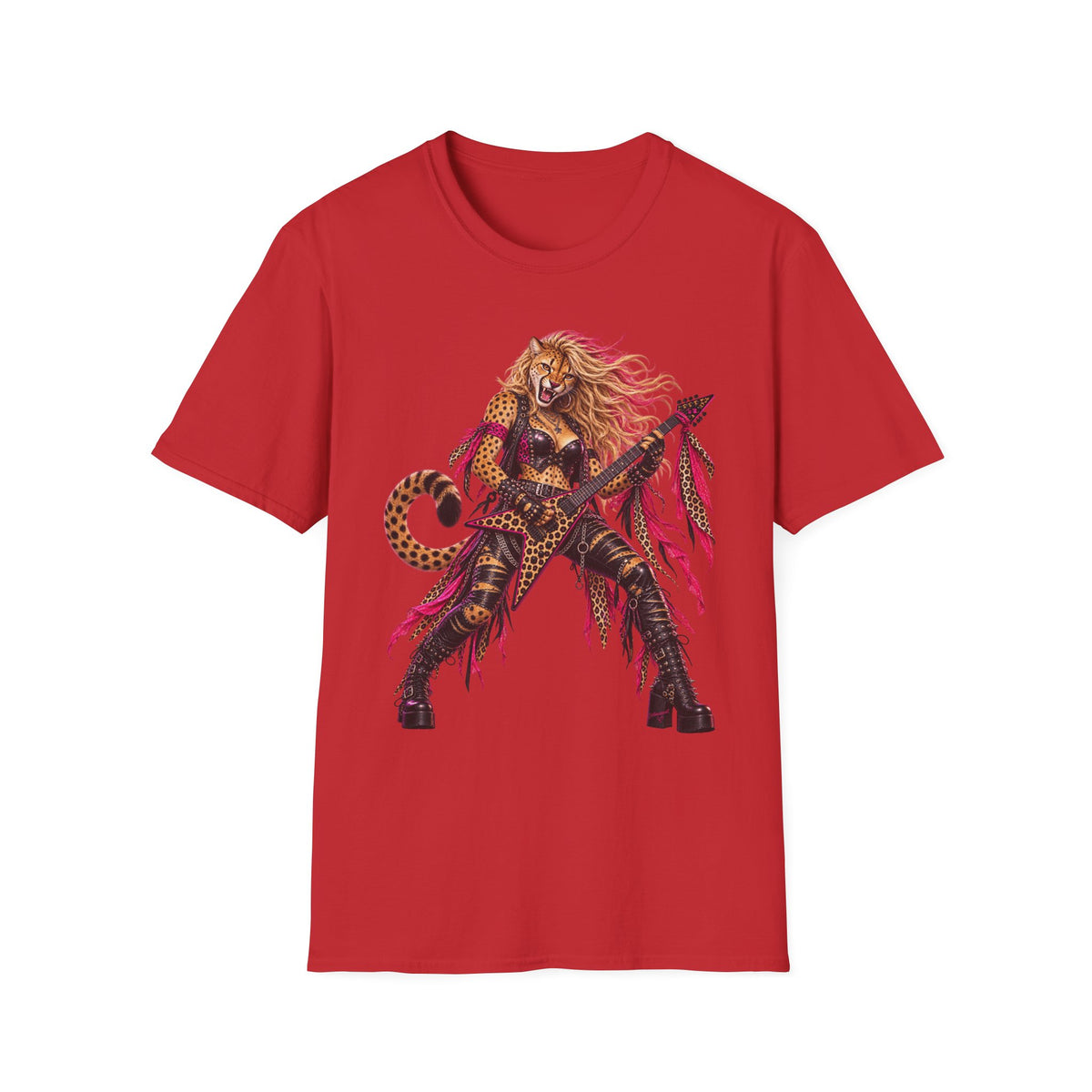Glam Metal Cheetah Guitarist T-Shirt — Retro 80s Rock Woman Graphic Tee