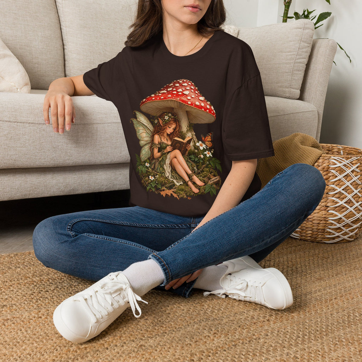 Fairy Mushroom T-Shirt — Woodland Fairy Reading Under Red Toadstool