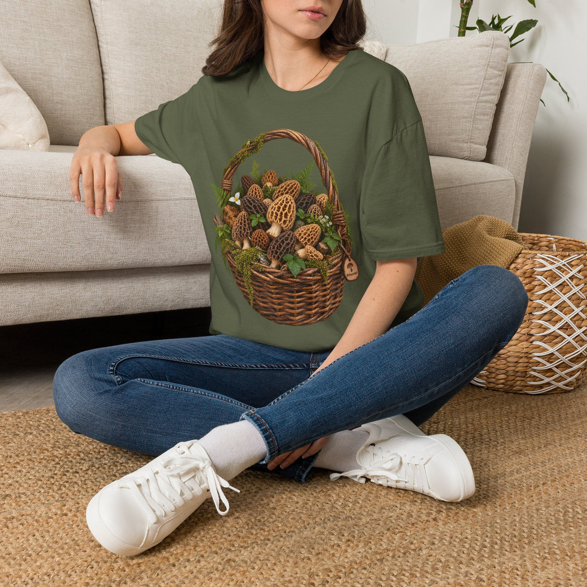Morel Mushroom Basket T-Shirt Woodland Foraging Nature Graphic Tee Unisex Softstyle T-Shirt
