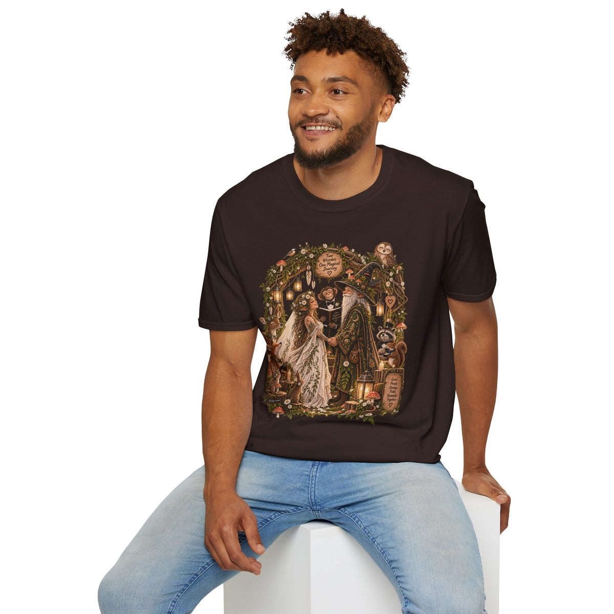 Woodland Wizard Wedding Fantasy T-Shirt — Fairy Tale Bride & Groom Illustration