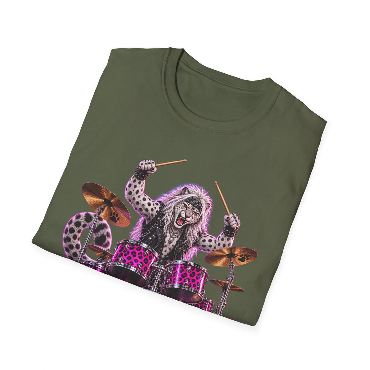 Drumming Snow Leopard T-Shirt — Cute Rock Band Animal Drum Kit Tee