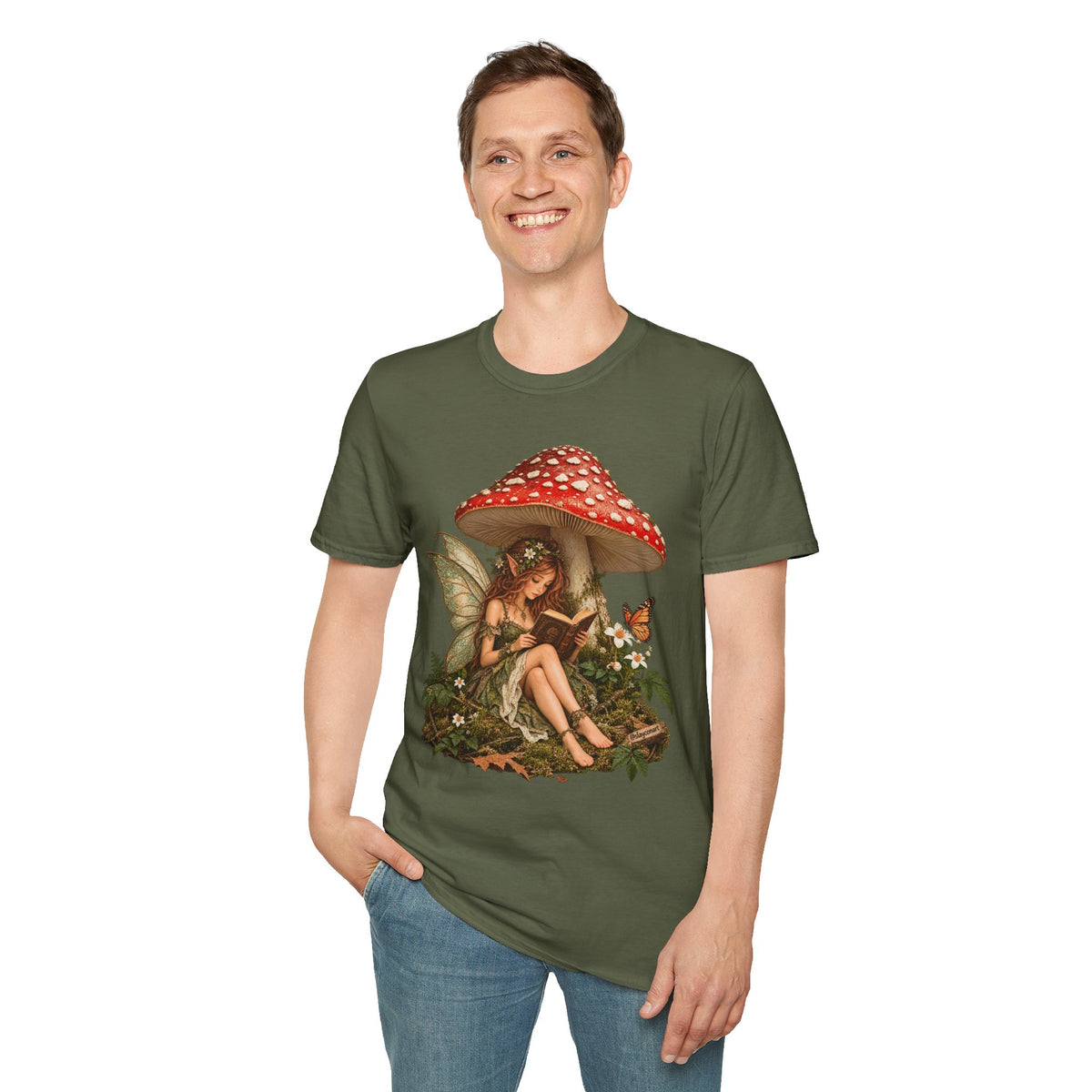 Fairy Mushroom T-Shirt — Woodland Fairy Reading Under Red Toadstool