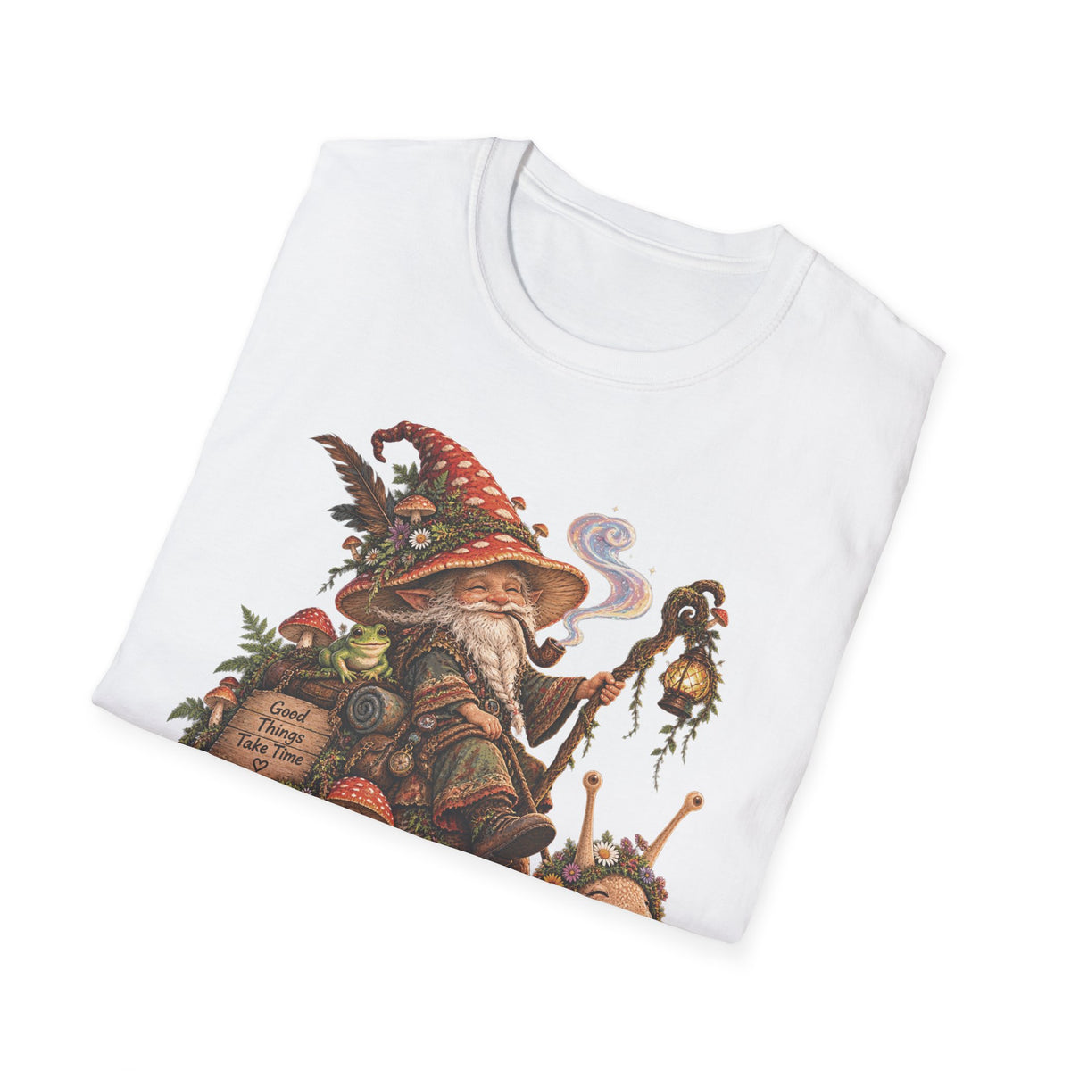 Mushroom Wizard Riding Snail T-Shirt  Whimsical Fantasy Illustration Tee