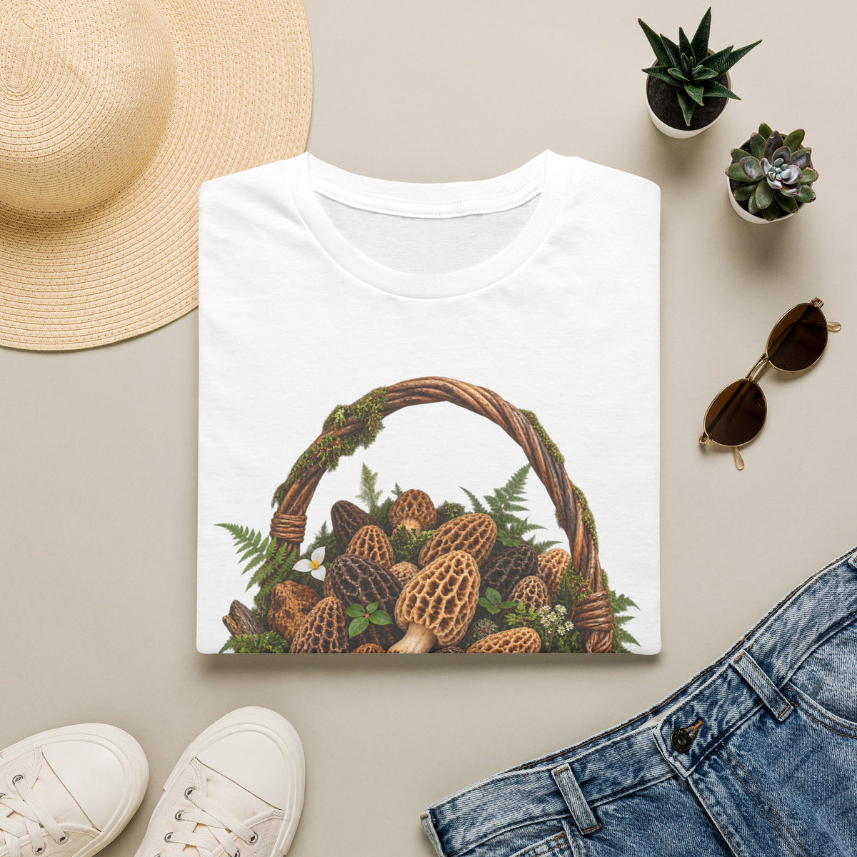 Morel Mushroom Basket T-Shirt Woodland Foraging Nature Graphic Tee Unisex Softstyle T-Shirt