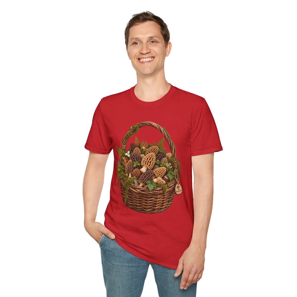 Morel Mushroom Basket T-Shirt Woodland Foraging Nature Graphic Tee Unisex Softstyle T-Shirt