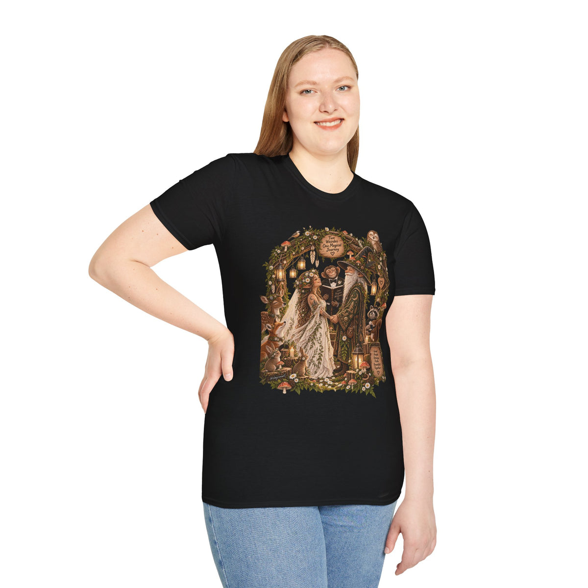 Woodland Wizard Wedding Fantasy T-Shirt — Fairy Tale Bride & Groom Illustration