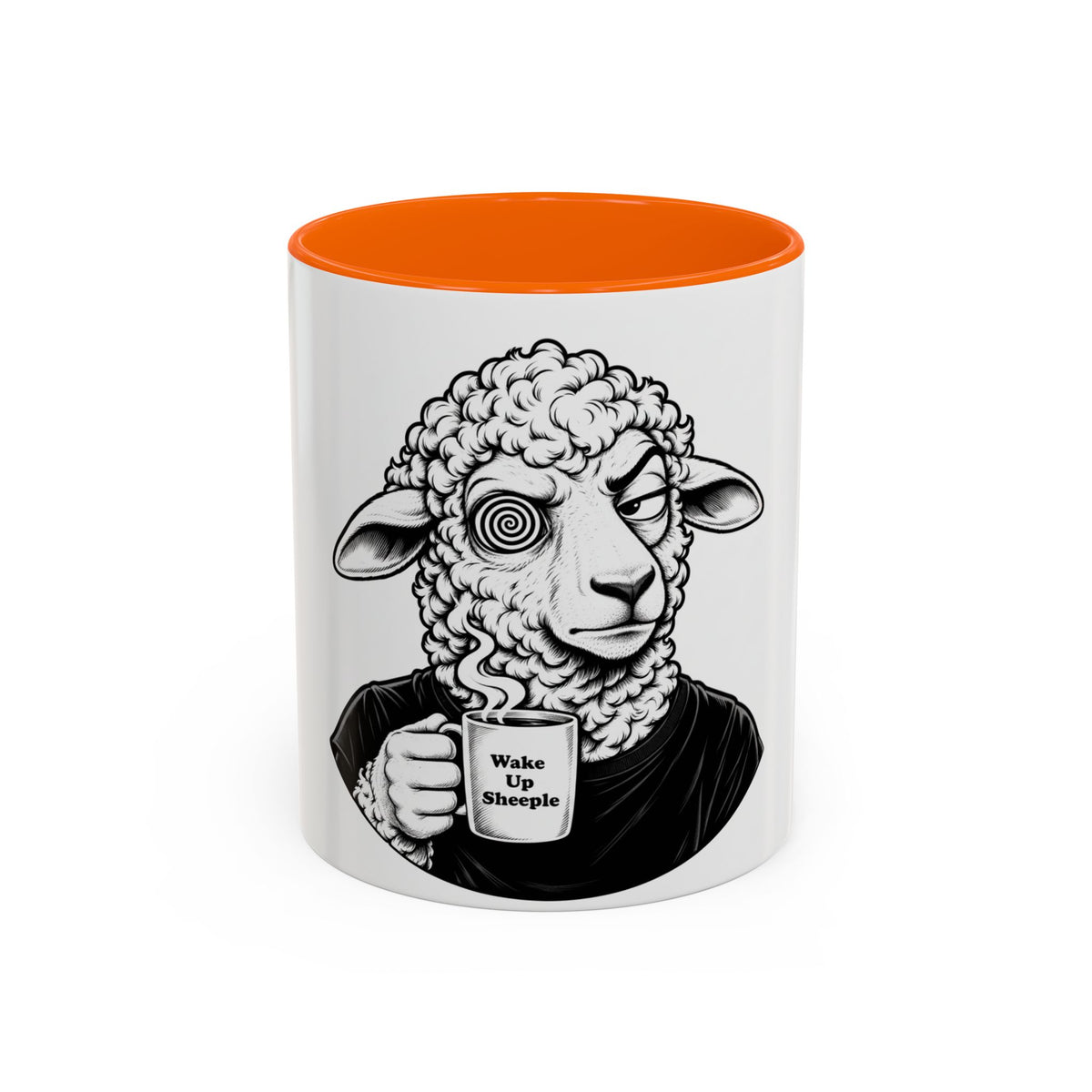 Wake Up Sheeple Coffee Mug — Black-Accent Ceramic Mug with Sheep Illustration