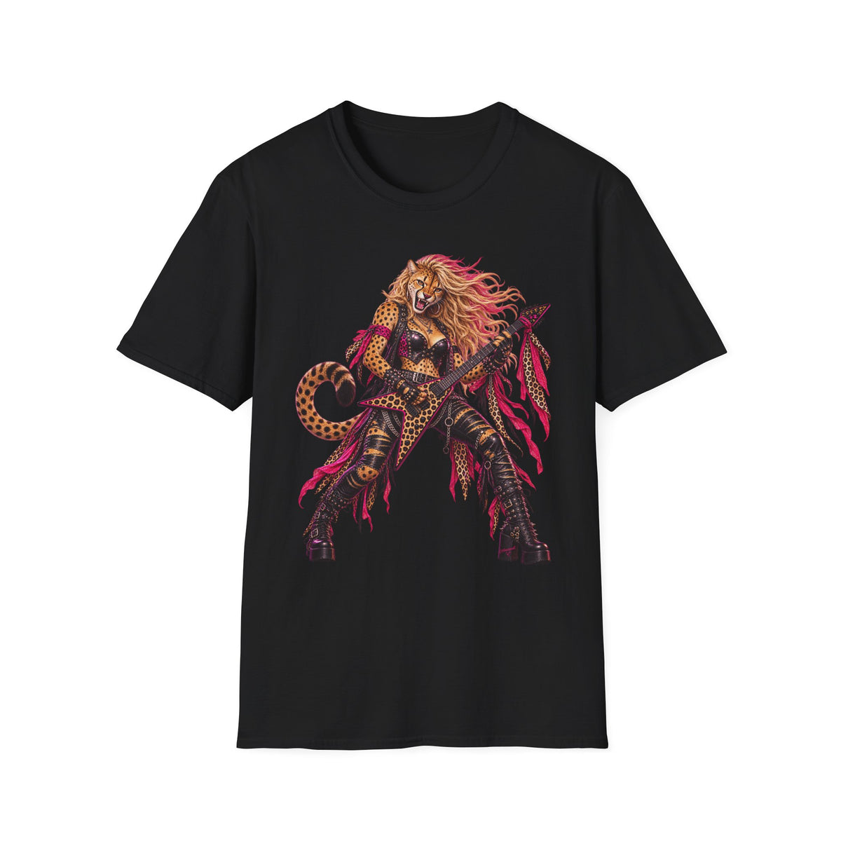 Glam Metal Cheetah Guitarist T-Shirt — Retro 80s Rock Woman Graphic Tee