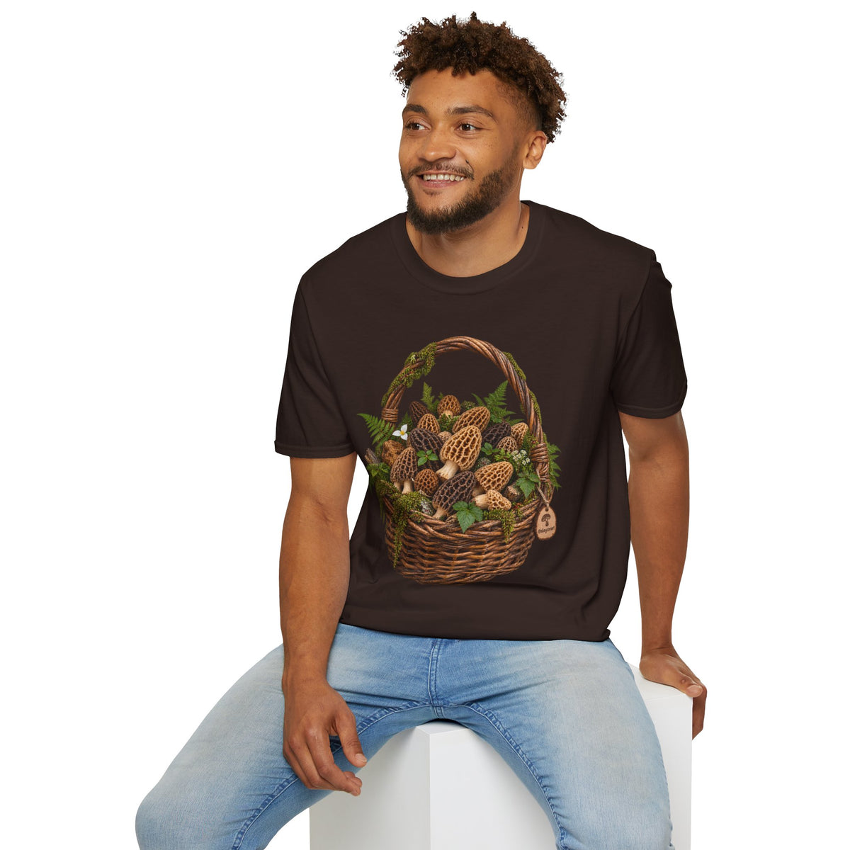 Morel Mushroom Basket T-Shirt Woodland Foraging Nature Graphic Tee Unisex Softstyle T-Shirt