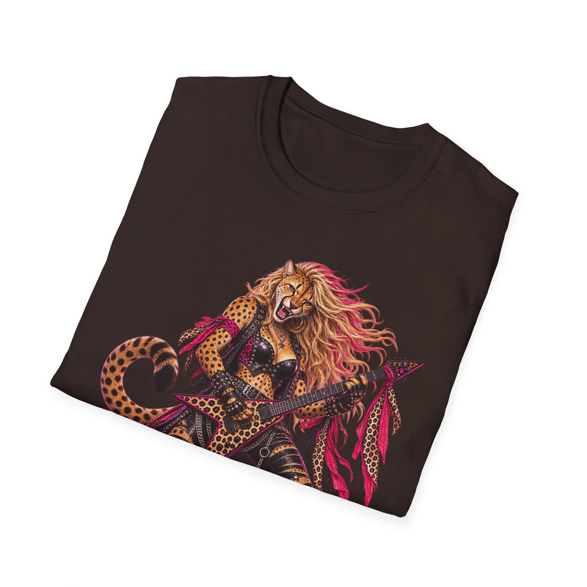 Glam Metal Cheetah Guitarist T-Shirt — Retro 80s Rock Woman Graphic Tee