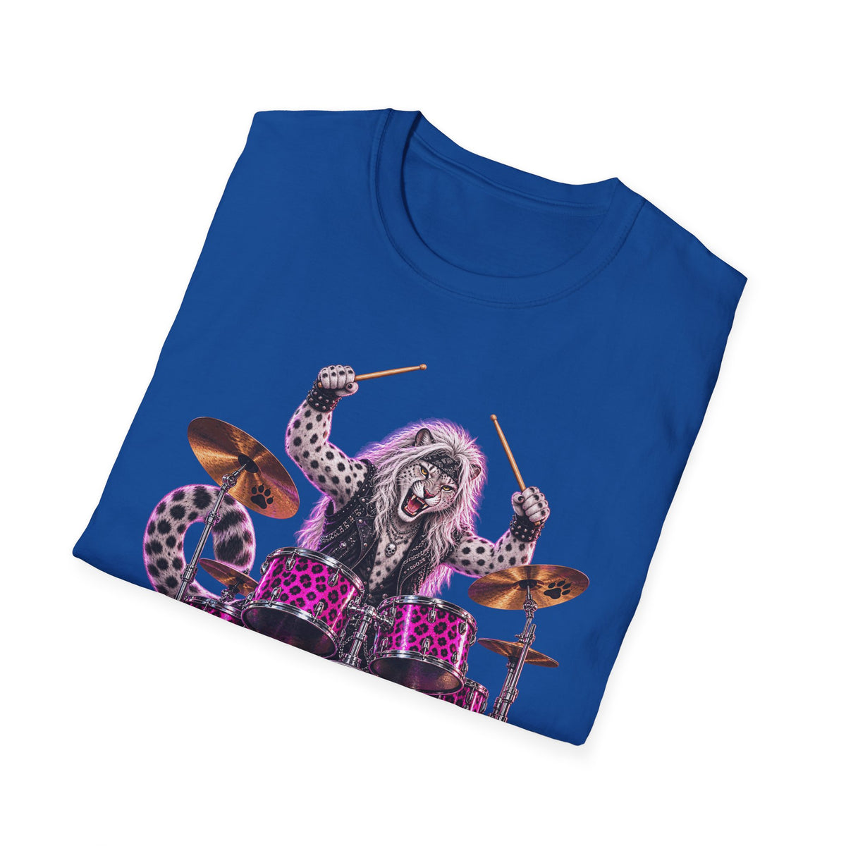Drumming Snow Leopard T-Shirt — Cute Rock Band Animal Drum Kit Tee