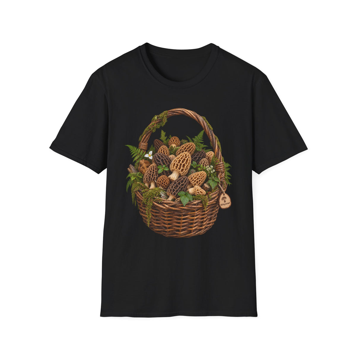 Morel Mushroom Basket T-Shirt Woodland Foraging Nature Graphic Tee Unisex Softstyle T-Shirt